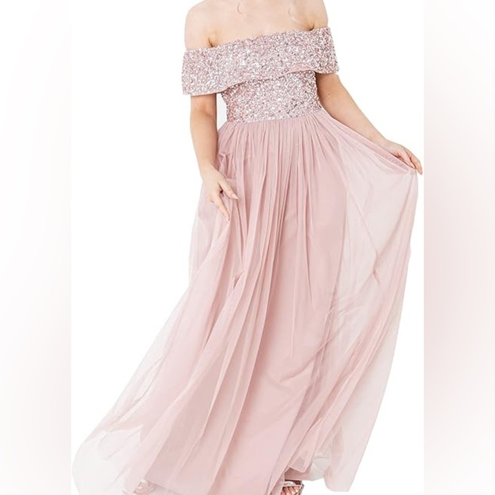 Maya Deluxe Sequin Tulle Dress Sequin Petite Dress Mint Green Off-Shoulder Dress